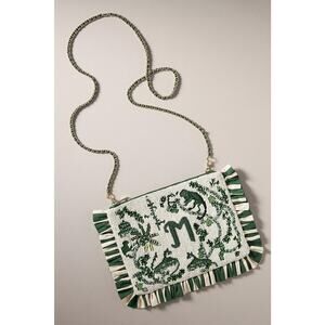 Anthropologie Beaded Monogram “M” Clutch – Green & Cream